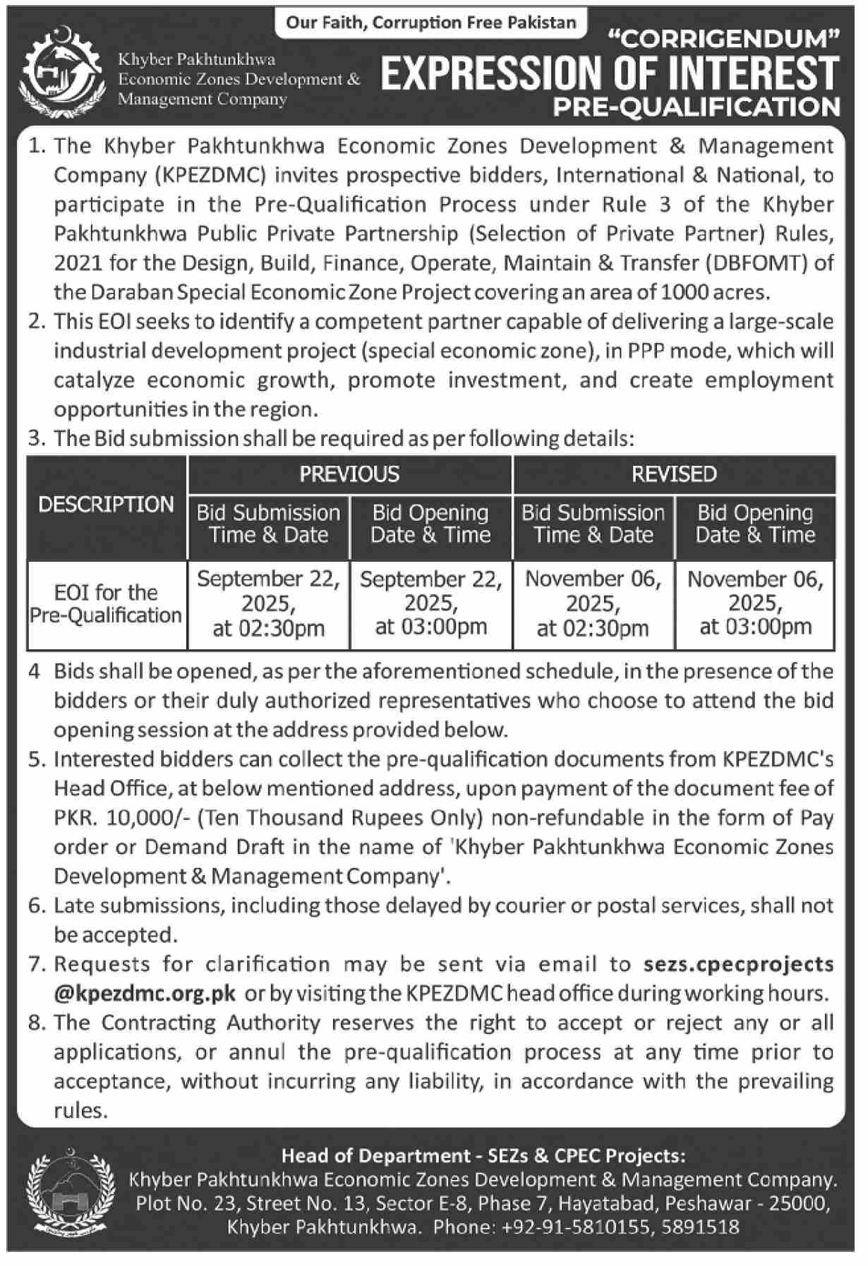 Economic Zones Development & Management Company KPK Tender Notice